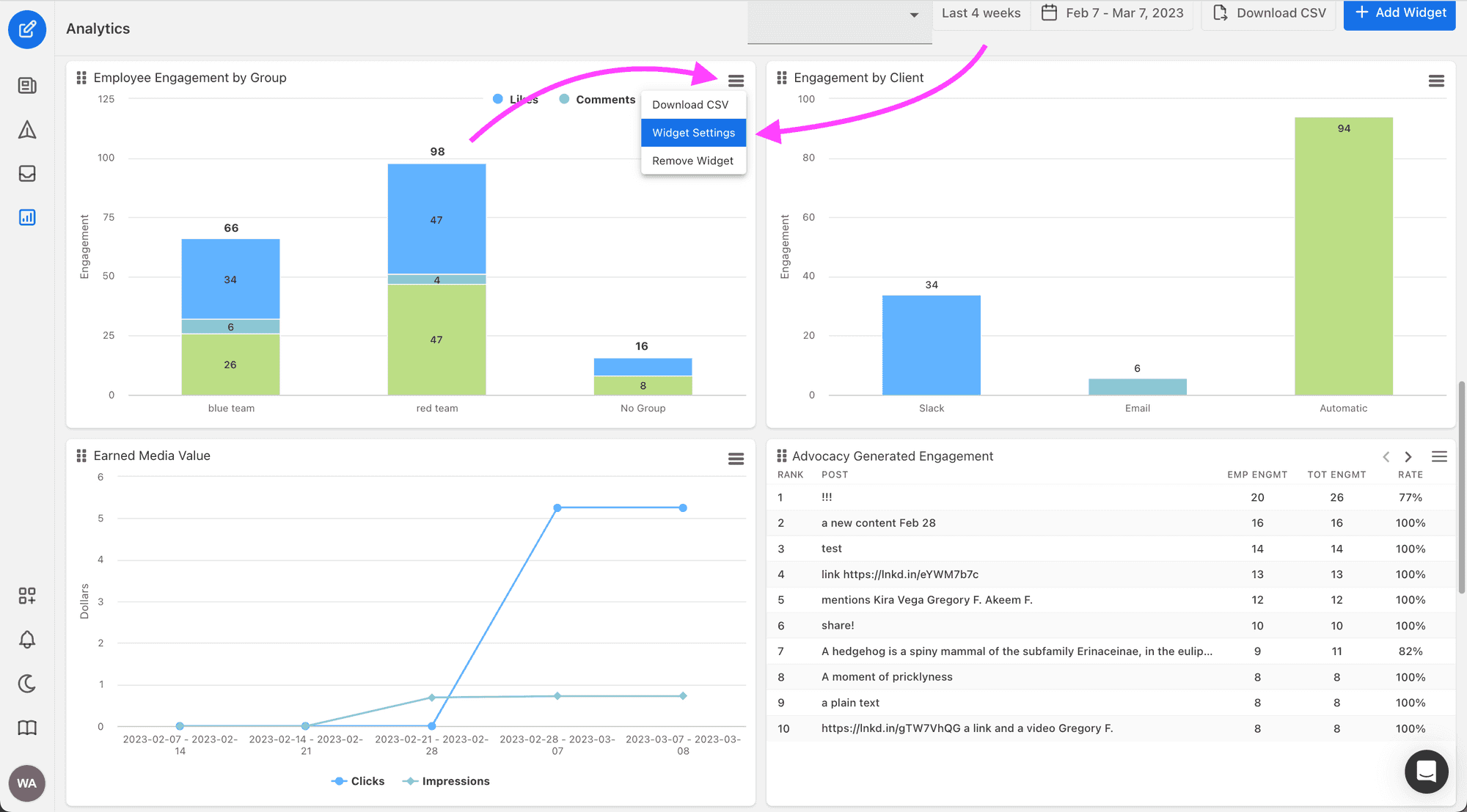 To rename a widget, click on the chart context menu on the widget you want to rename, then click "Widget Settings".