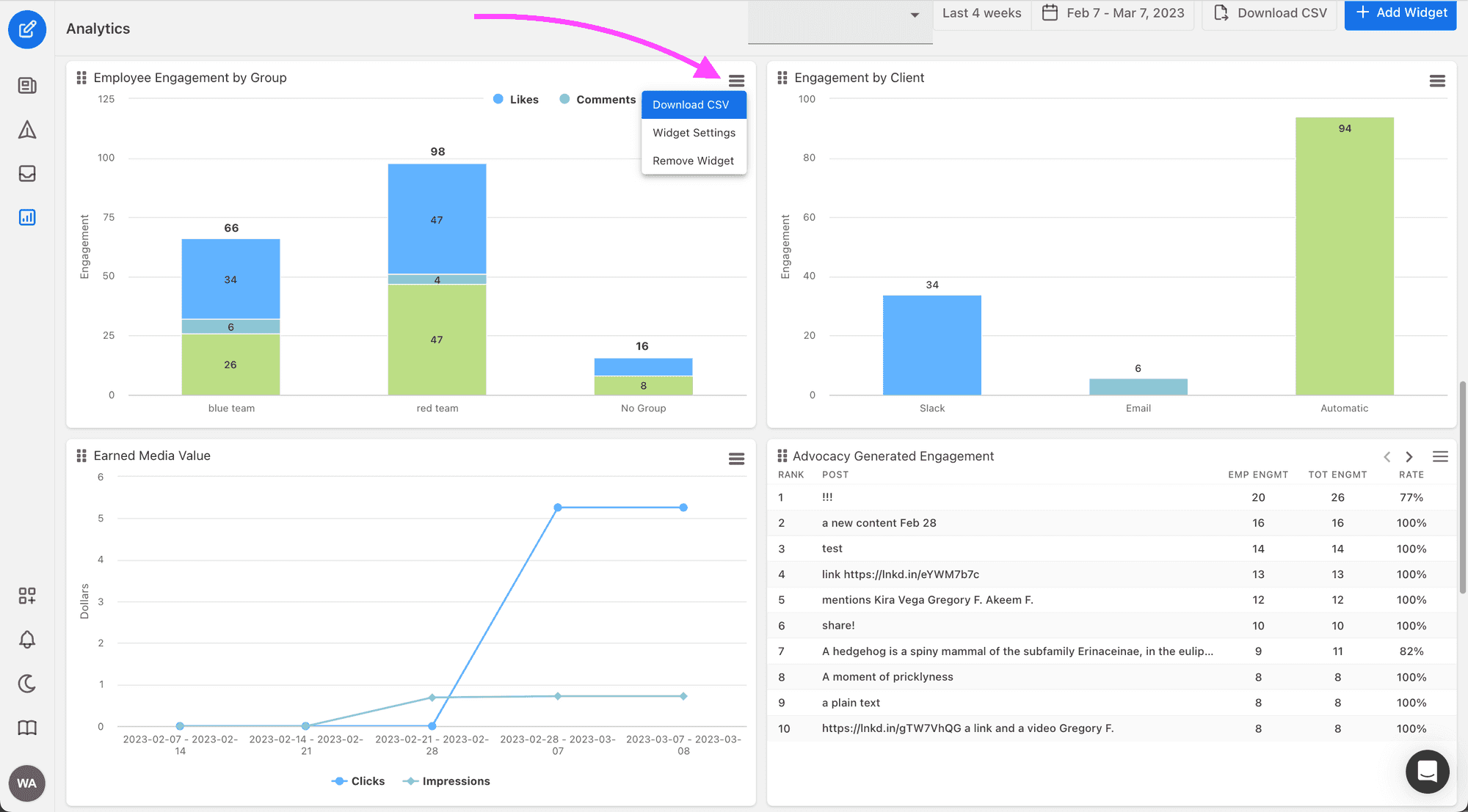 To export data from a single widget, click on the chart context menu on the widget you want to export, then click "Download CSV".