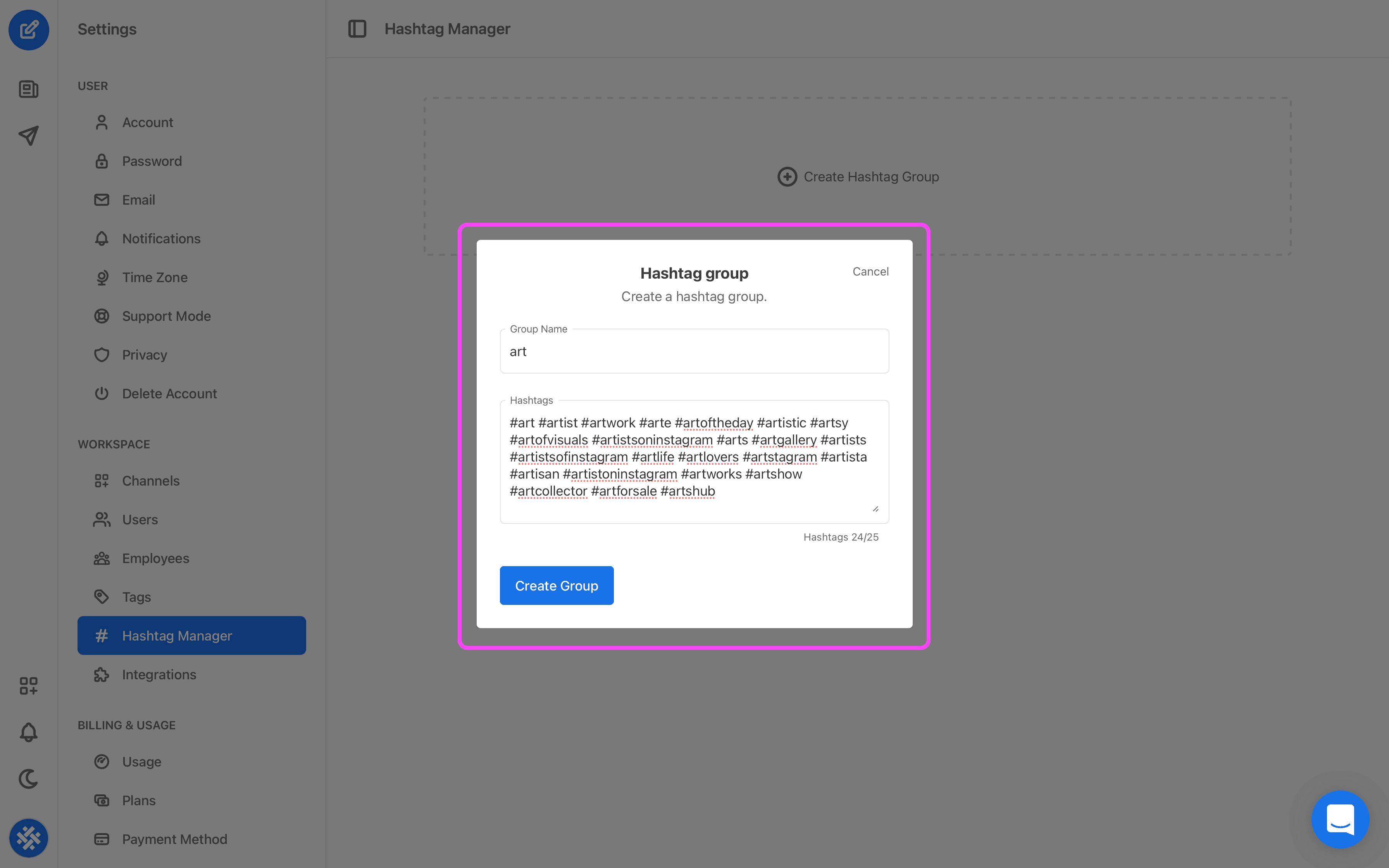 Enter a Group Name and up to 25 hashtags, then click the blue Create Group button.
