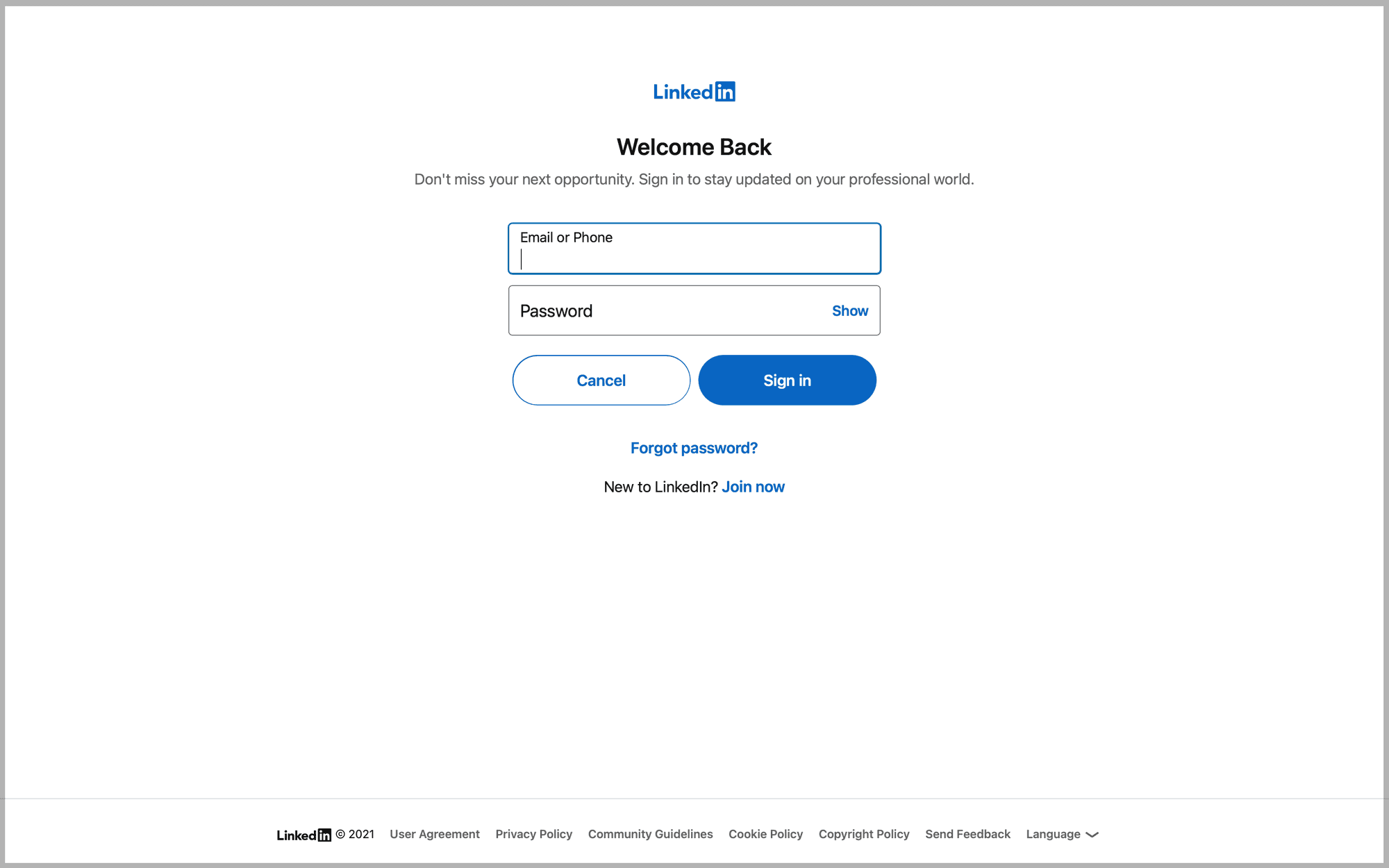 Enter your LinkedIn credentials, then click Sign in. This dialog will be skipped automatically if you're already signed in to LinkedIn on your current browser session.