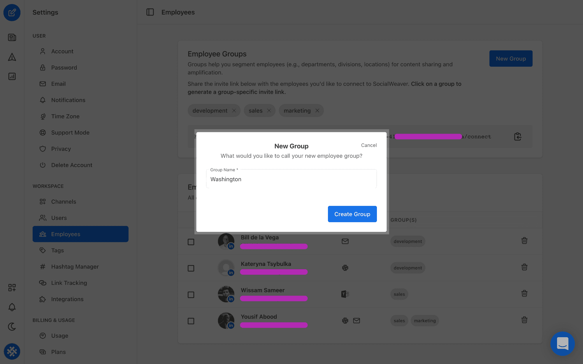 On the New Group dialog, enter your group name, then click Create Group to create it.