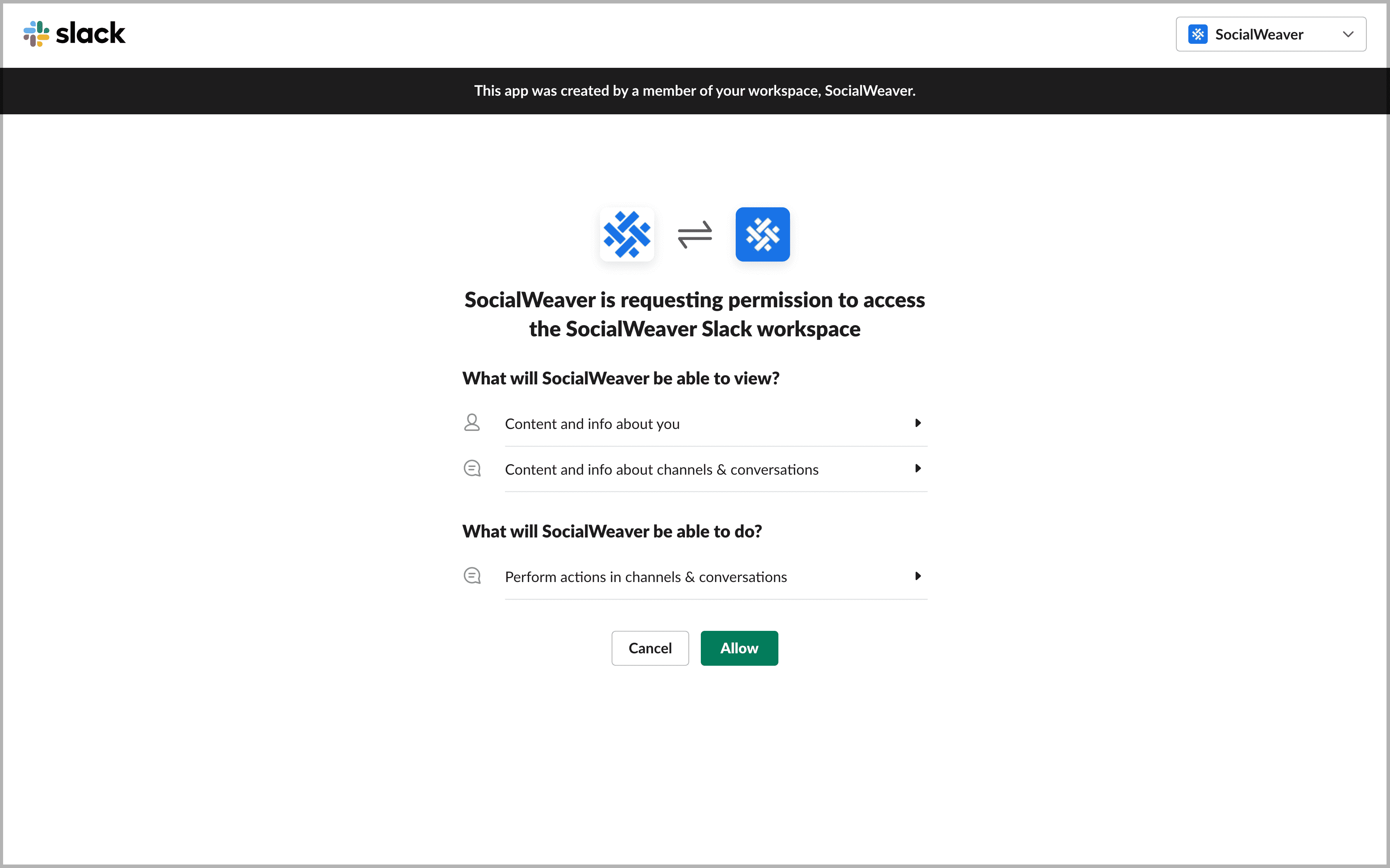 Click on Allow to proceed. You will be redirect back to SocialWeaver.