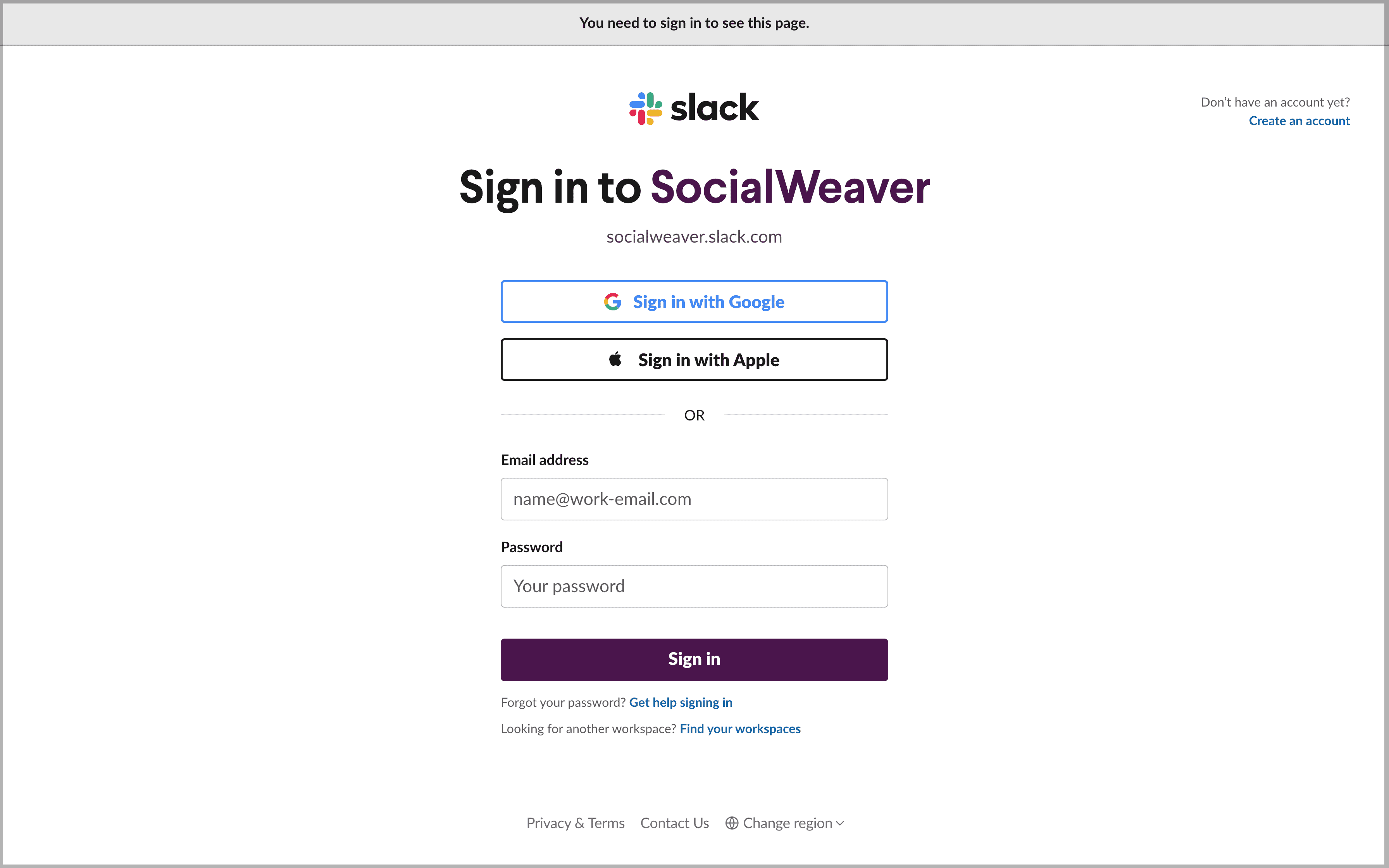 Enter your Slack username and password, then click Sign in.