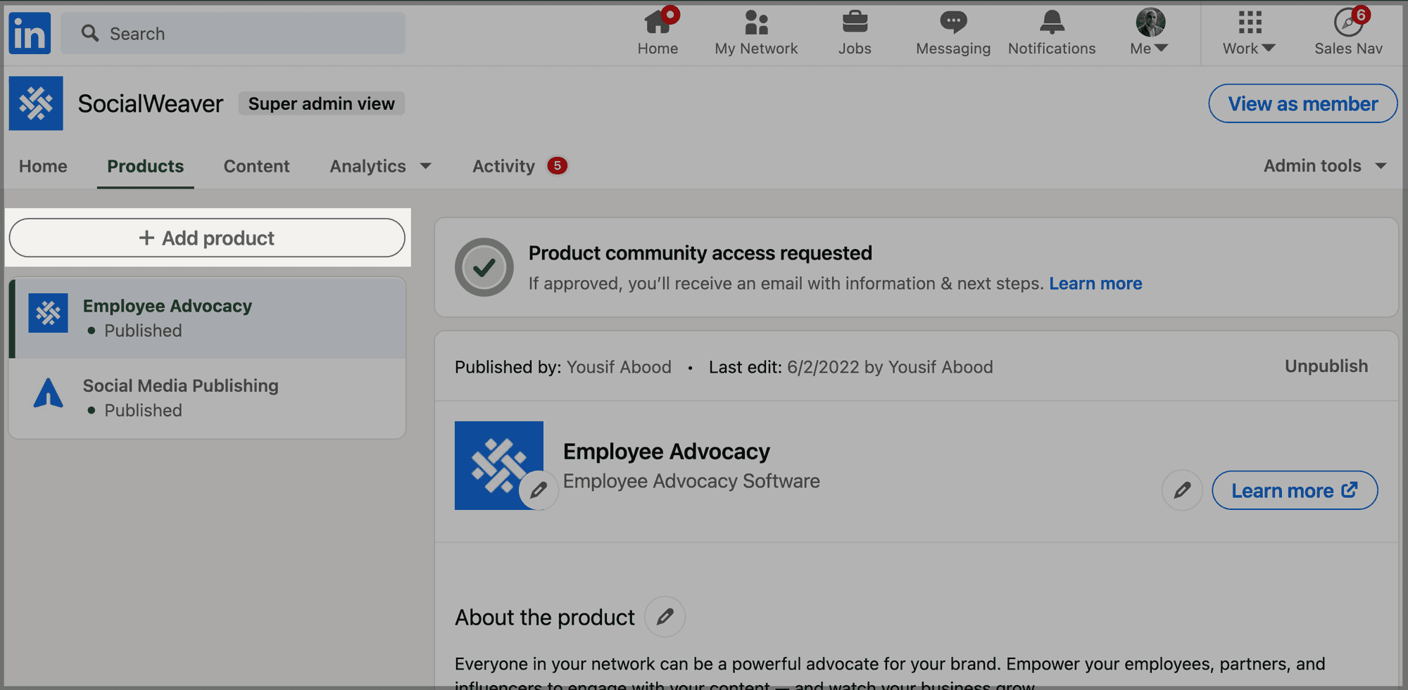 Click Add Product to create a product page on LinkedIn.