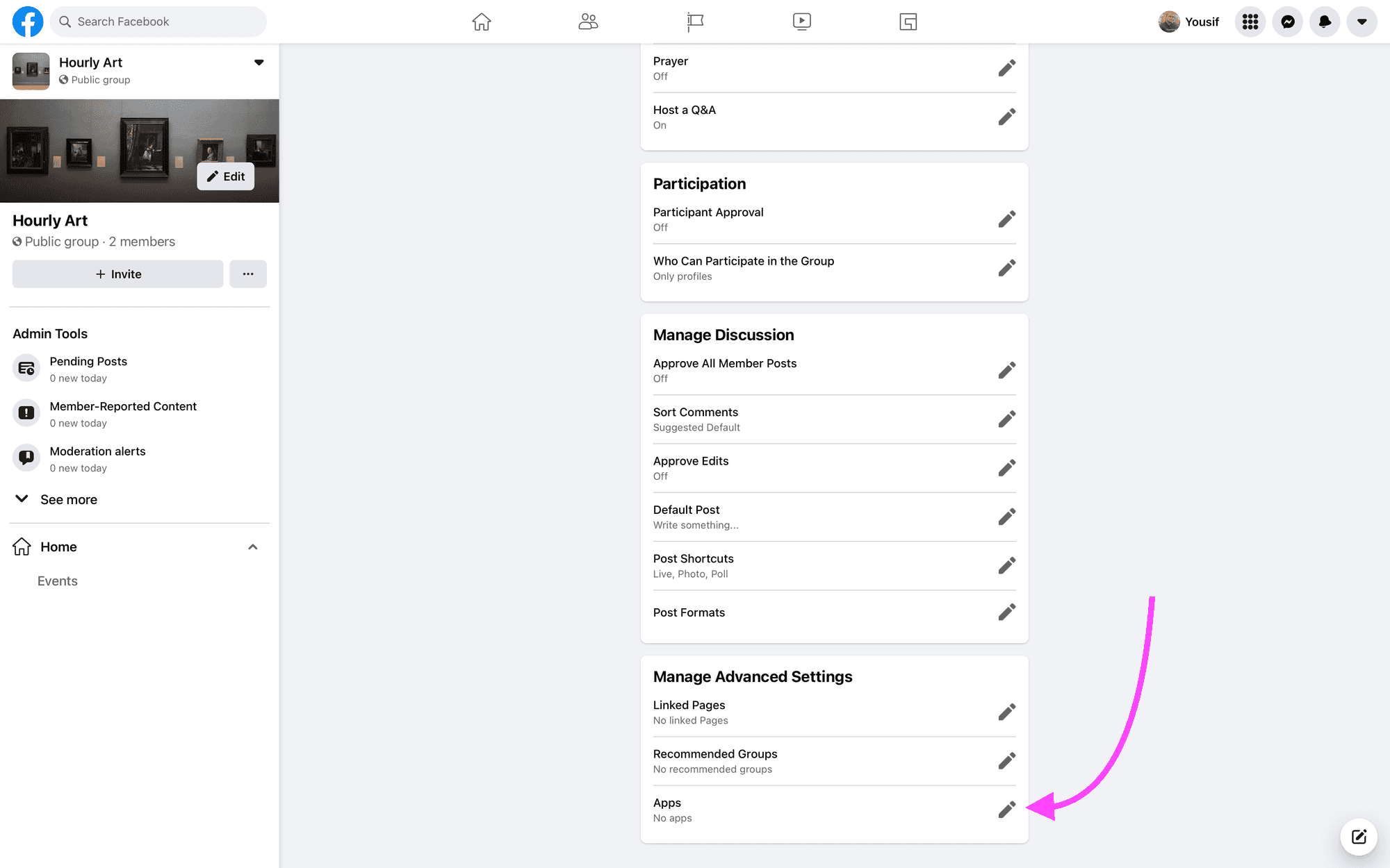 Scroll down to the Manage Advanced Settings line and click the edit icon to the right of the Apps heading.