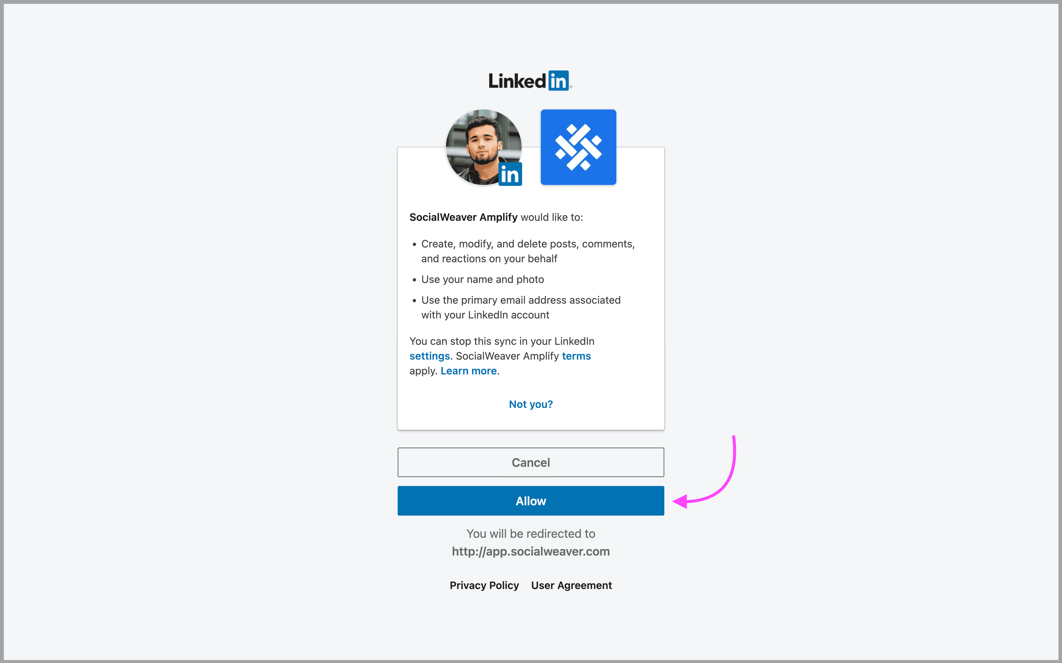 After they’ve logged in, they’ll be asked to allow SocialWeaver Amplify to access their account.